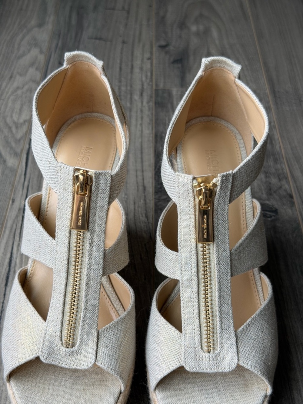Michael Kors Damita Espadrille Wedge Sandals with Gold Zipper - Linen Look - 8 - Picture 6 of 13